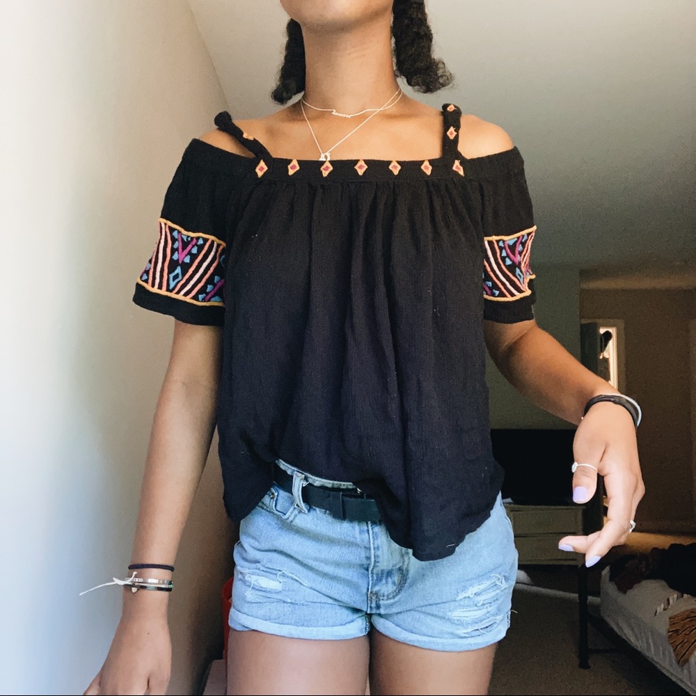black blouse, tribal print